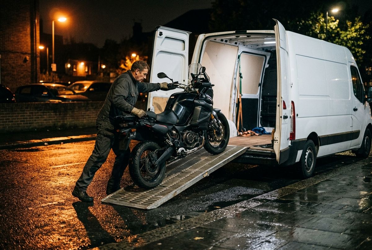 Motorrad wird über eine Rampe in einen Transporter verladen – kostenlose Abholung